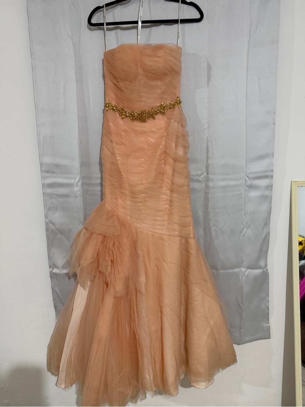 Jovani Peach Strapless Tulle Mermaid Gown with Gold Beaded Waist Size 6